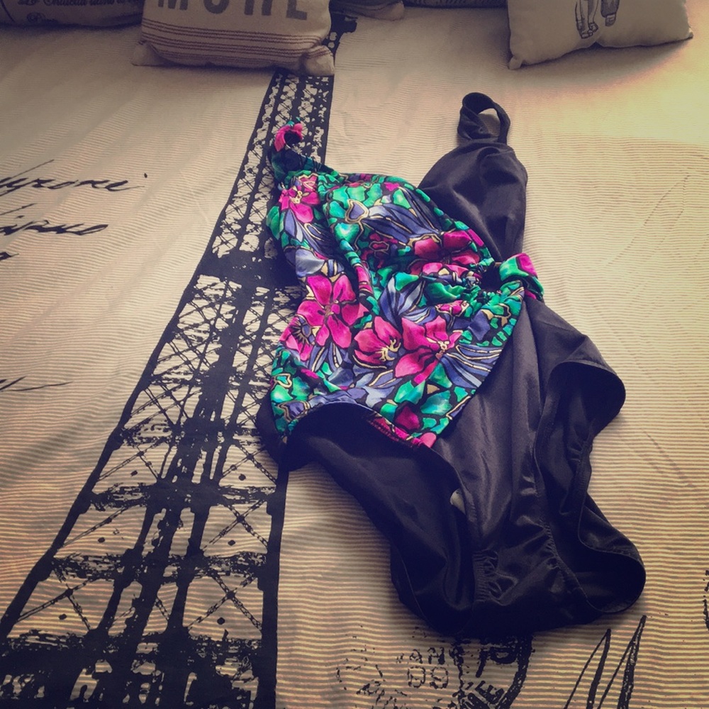 Vintage black & floral size 12 one piece swimsuit